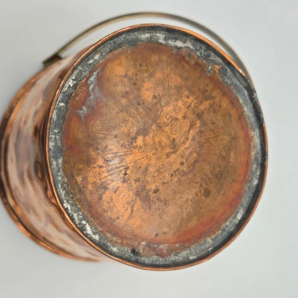 Vintage Artisan Made Hammered Copper Bucket Pail Brass Handle Signed CH 1991